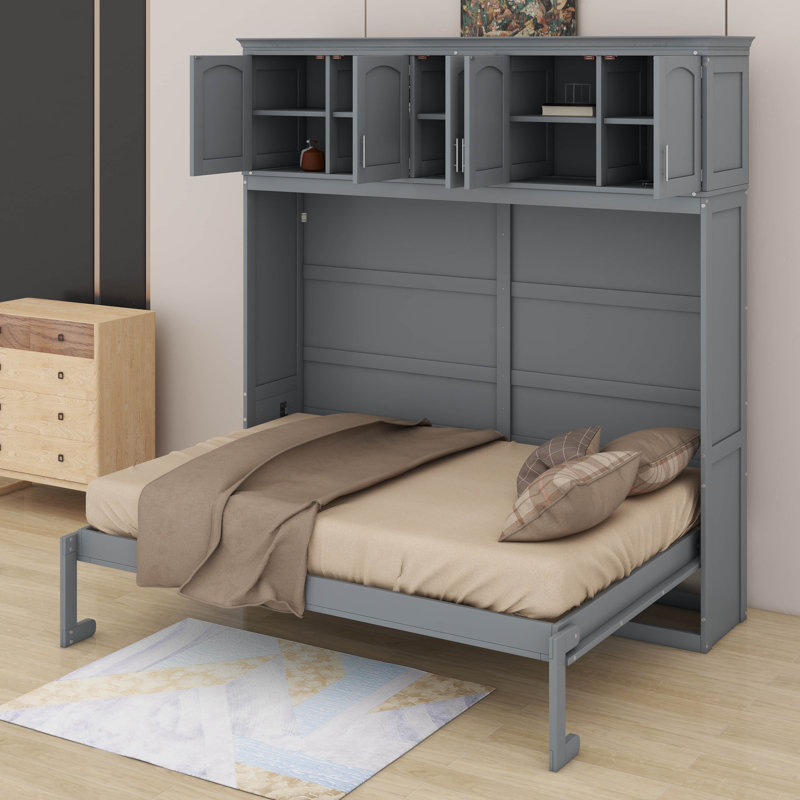 Lit double escamotable en bois massif avec armoires supérieures