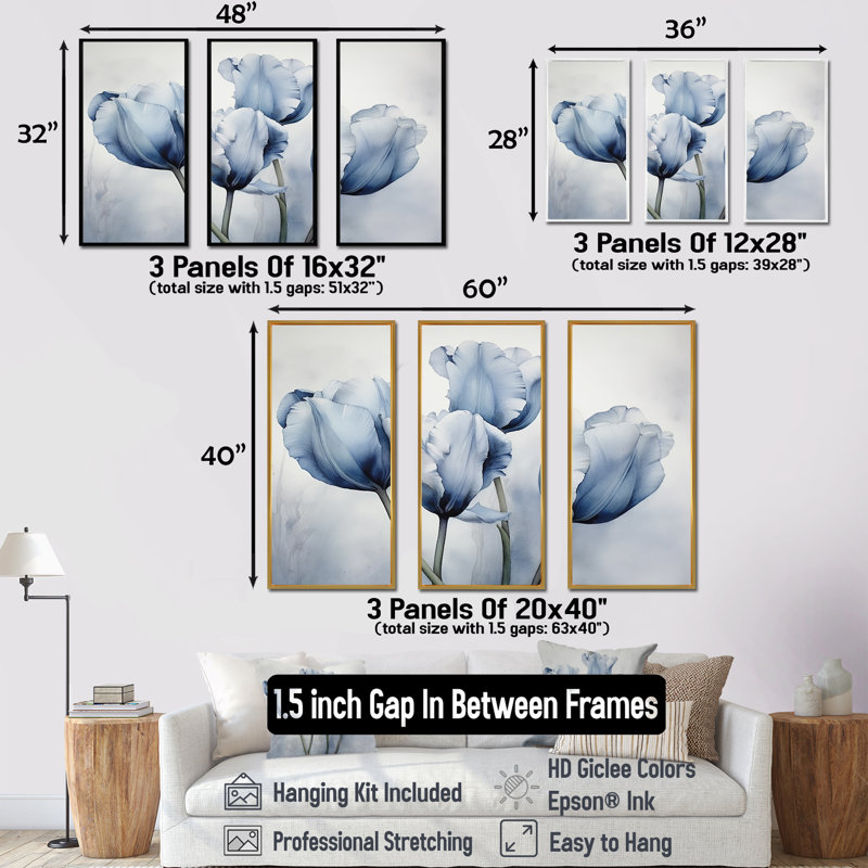 Sapphire I - Ensemble de décorations murales tulipes, Cadre naturel flottant, H 32 po x l 48 po x P 1 po
