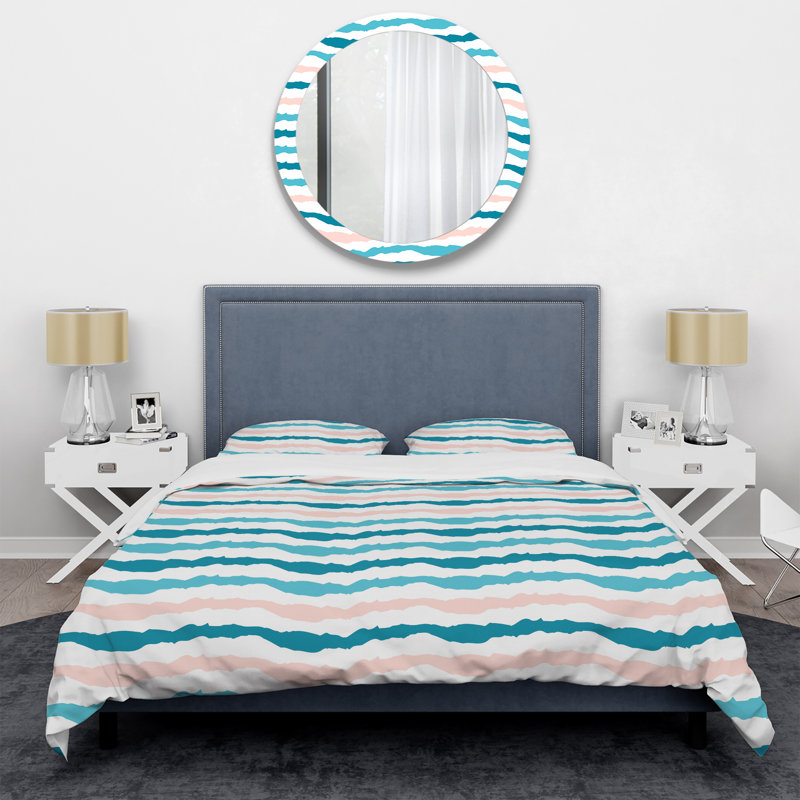 Blue Horizontal Striped - Abstract Duvet Cover Set - Microfiber Polyester, Queen Duvet Cover + 2 Standard Shams