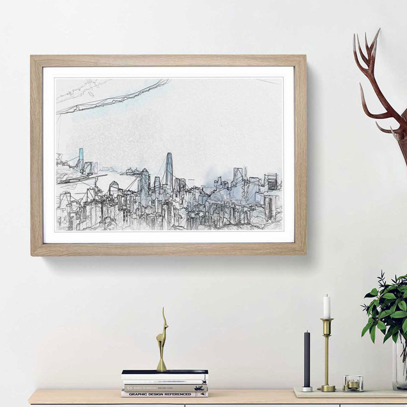 The Hong Kong Skyline in China in Abstract - Picture Frame Graphic Art Print, Oak Framed, 48cm H x 65cm W x 2cm D