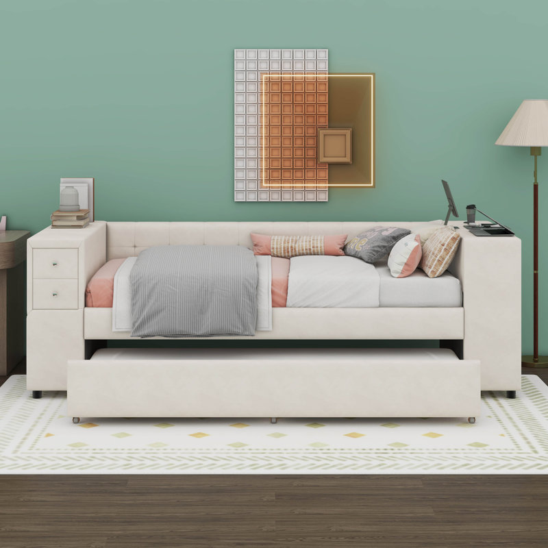Lit simple tapissier avec rangement et lit gigogne simple, ports de chargement USB, Beige
