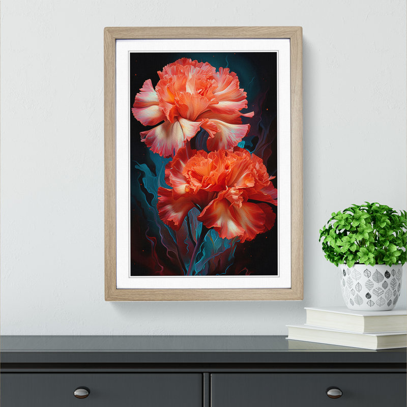 Carnation Flower Futurism No.2 - Single Picture Frame Print on Wood, Oak Framed, 46cm H x 34cm W x 2cm D