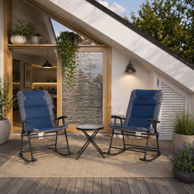 Outsunny 3 Piece Outdoor Patio Furniture Set With Glass Coffee Table & 2 Folding Padded Rocking Chairs, Bistro Style For Porch, Camping, Balcony