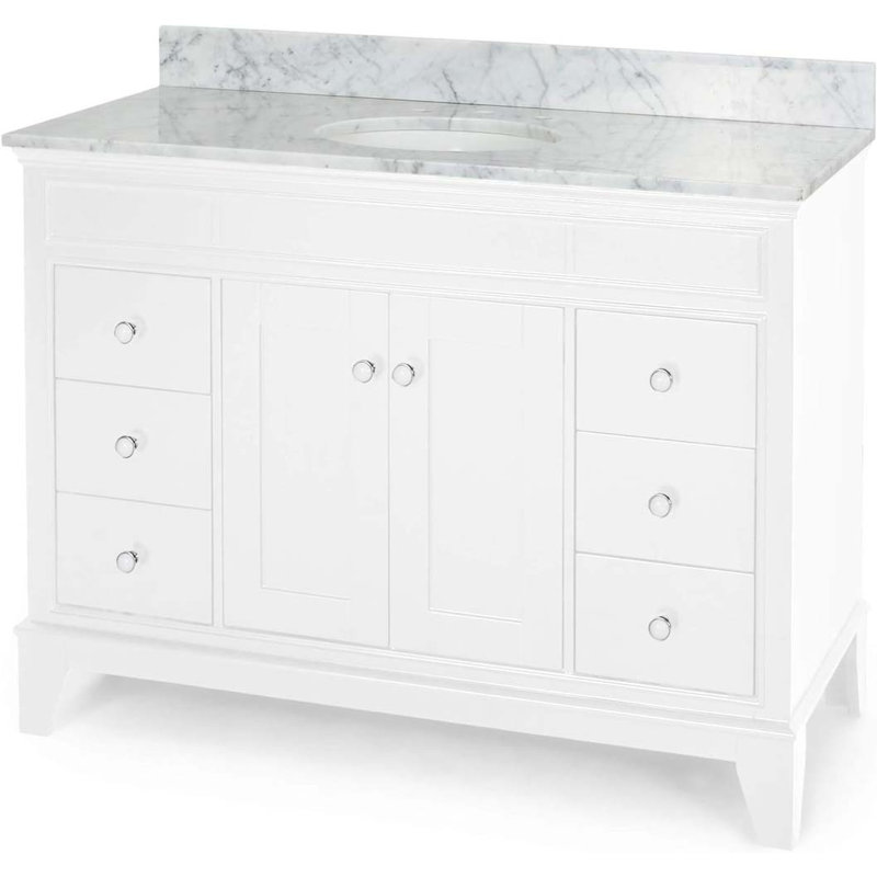 Meuble-lavabo 49 po avec comptoir en marbre et lavabo en céramique, 2 portes et 6 tiroirs, Blanc