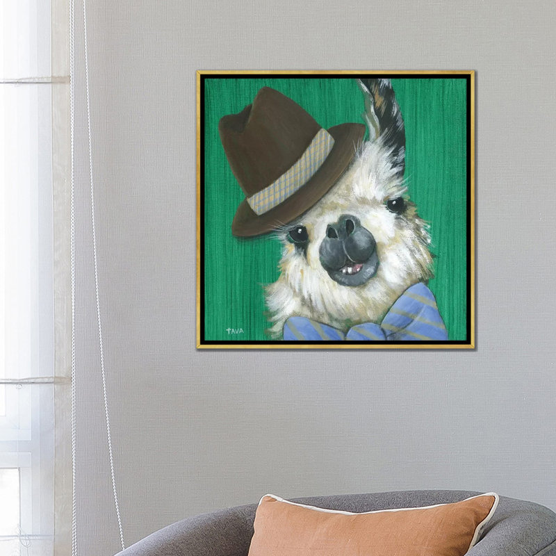 Llama Gentleman - reproduction d'art, H 26 po x l 26 po x P 1,5 po, Toile avec cadre doré, Non mat