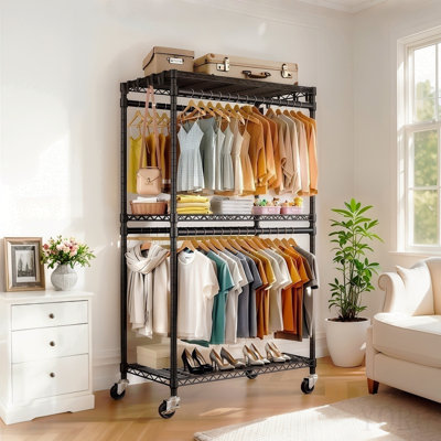 Rolling Clothes Rack, Heavy Duty Clothes Rack With Wheels, 3 Tiers Adjustable Wire Shelving Clothes Rack With 2 Clothes Rails And Side Hooks, Portable Closet Organizer, 35.43''×17.13d''×70.87''H,Black