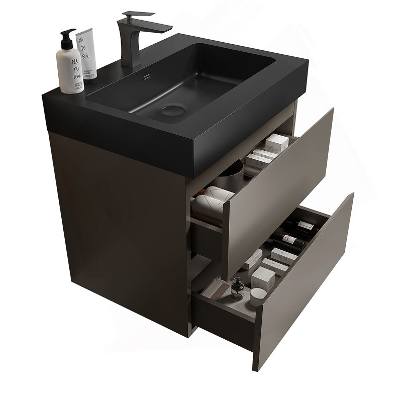 Meuble-lavabo mural flottant avec lavabo et rangement, Gris, Noir, 24"