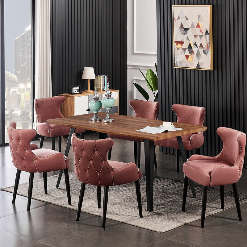 Ricky 6 Person Dining set - a Rectangular Wooden Dining Table with Metal Legs and a Set of 6 Quilted Velvet Dining Chairs for Dining Room - Modern Dining Table Set