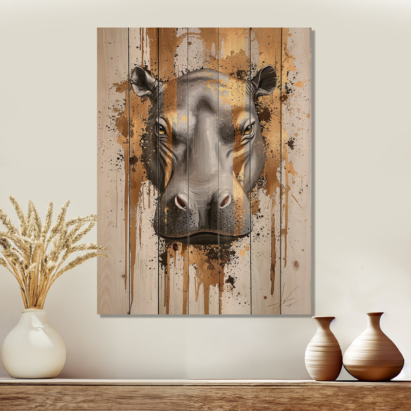 Portrait d'hippopotame doré Glam - art mural moderne en bois sur bois de pin naturel, H 44 po x l 34 po