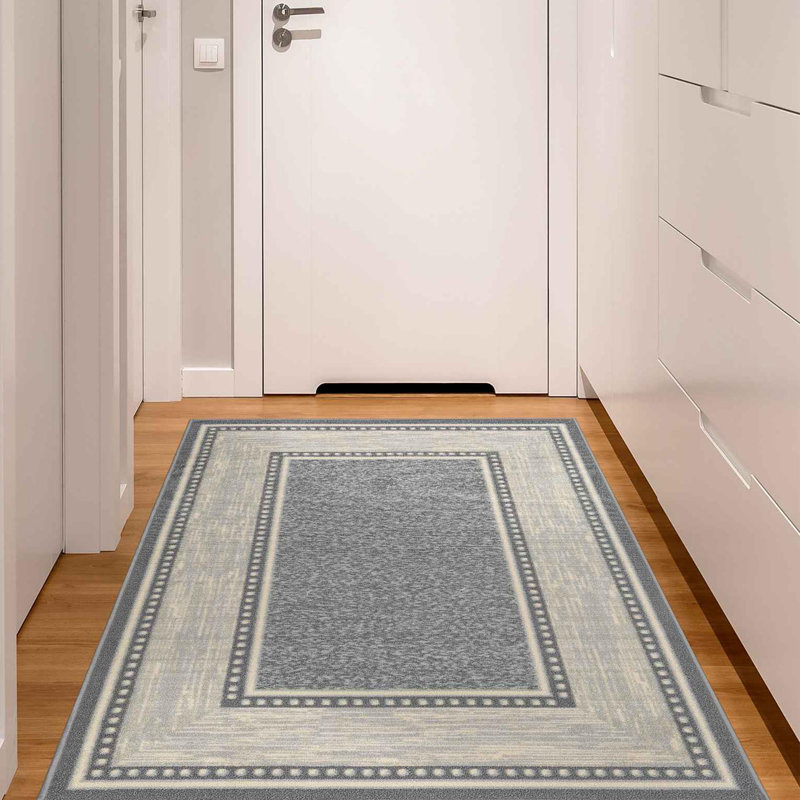 Non-Slip Bordered Area Rug For Living Room, Hallway Runner, Entryway Rug, Gray
