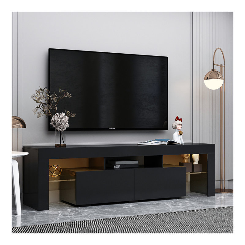 Modern Black TV Stand, 20 Colors LED TV Stand W/Remote Control Lights, Black
