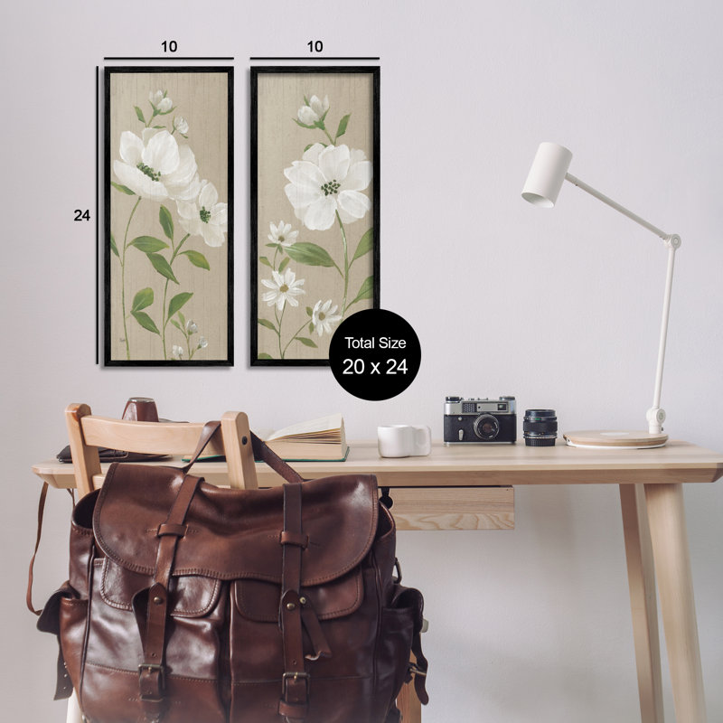  «Cottage Blossoms on Beige», ensemble de 2 estampes numériques par Nan, H 24 po x l 10 po, Giclée encadrée noir minuit