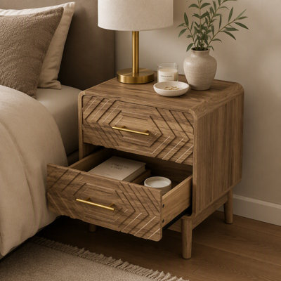 Walnut wood bedside table with double drawer solid wood legs metal handles rounded corner end table for bedroom