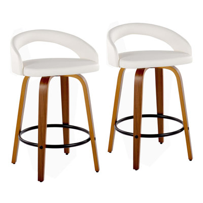 Fixed-Height Counter Stool With Swivel In Walnut Wood And Faux Leather With Round Black Metal Footrest - Set Of 2