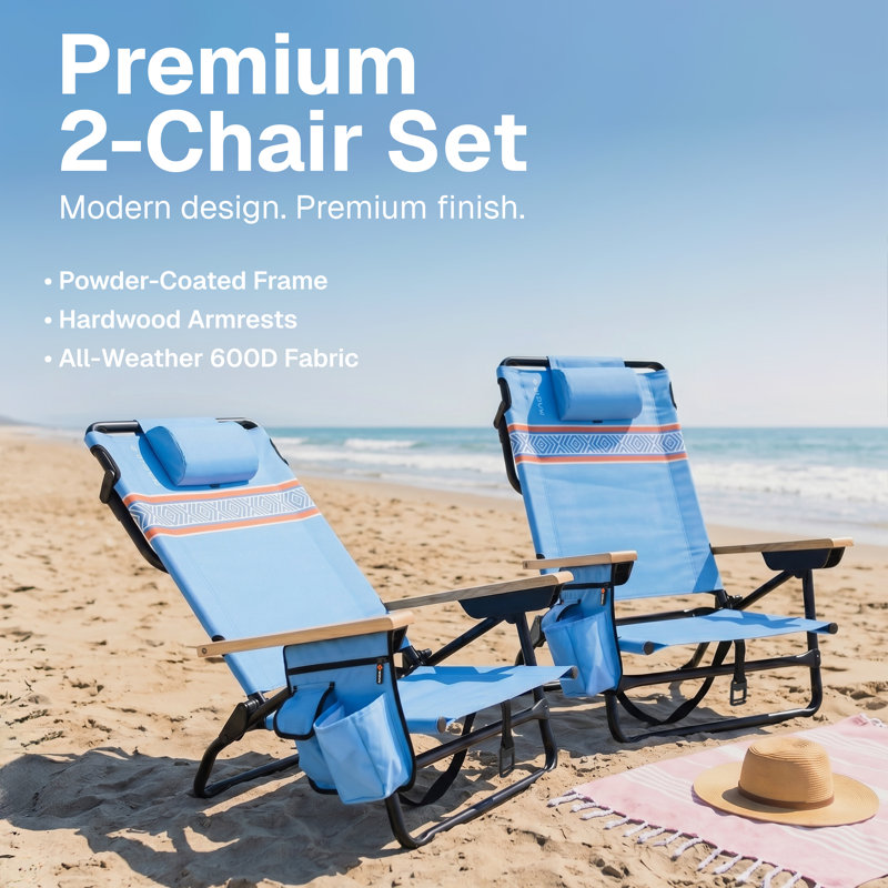 Ensemble de 2 chaises de plage inclinables de qualité supérieure - Chaise de plage pliante portative pour adultes - Comprend une sangle de sac à dos, un oreiller, 2 poches et un porte-gobelet - Baja
