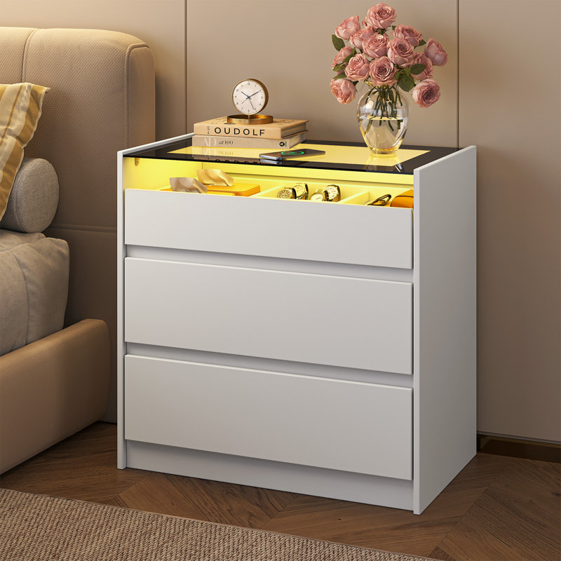 3-Drawer Nightstand With LED Lights, Side Table With Glass Top, White