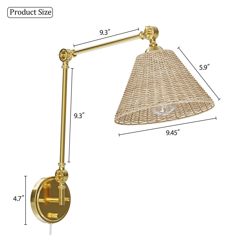 Boho Rattan Plug-In Swing Arm Wall Sconce, Gold & Rattan