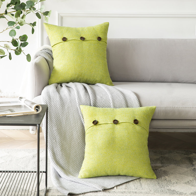 Linen Square 18" Throw Pillow with Coconut Shell Button Closure, 18" x 18", Polyester, Yellow Green