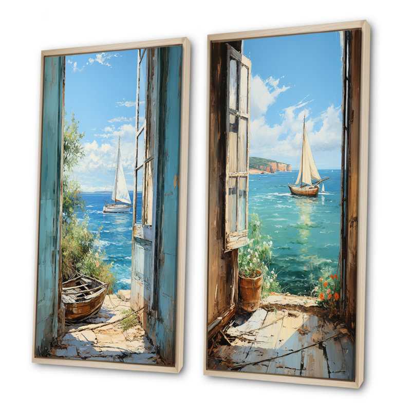 Bateau à voile vue sur l'océan II - ensemble de 2 fenêtres murales côtières, H 28 po x l 25 po, Encadrement brun