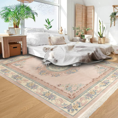 Tapis oriental oriental à motif de médaillon rose rosé à motif de médaillon rose ivoire