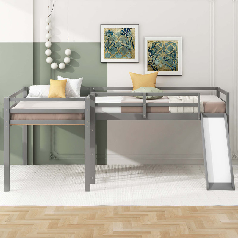 Lit mezzanine simple en L avec échelle et toboggan, gris, Gris