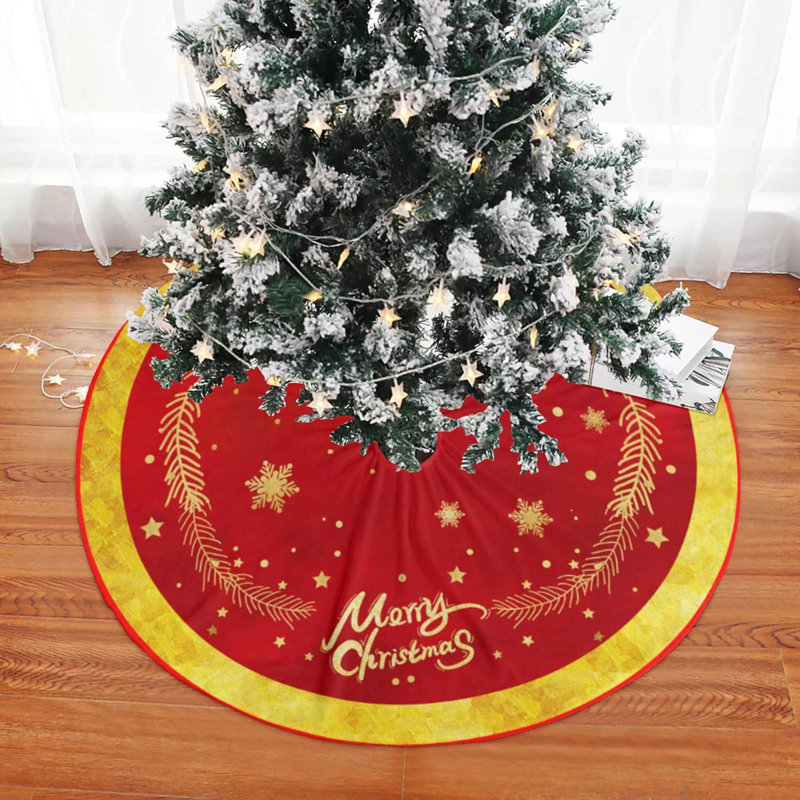 Jupe d'arbre de Noël avec jupe d'arbre rouge et or, tapis d'arbre de Noël moelleux avec motif de neige