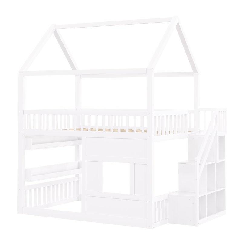 Lit pour maison double en bois pleine grandeur en blanc, éclairage de tablette à DEL, structure en forme, coffre-fort pour un accès facile Blanc de bois, tablette, cadre, garde-corps, solution de chambre fonctionnelle et peu encombrante