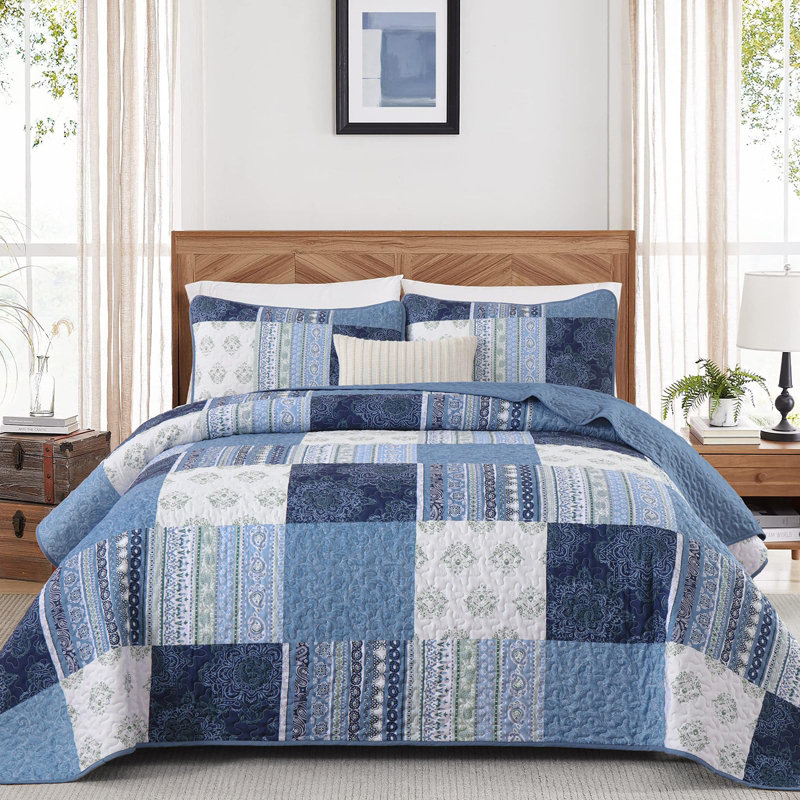 Ensemble de literie réversible 3 pièces Boho, Courtepointe de grande taille et 2 taies décorati, Patchwork bleu