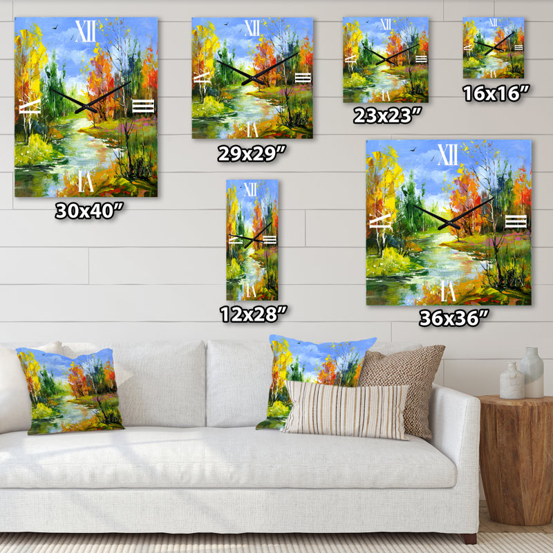 Horloge murale paysage d'automne avec la rivière Wood, Très grand