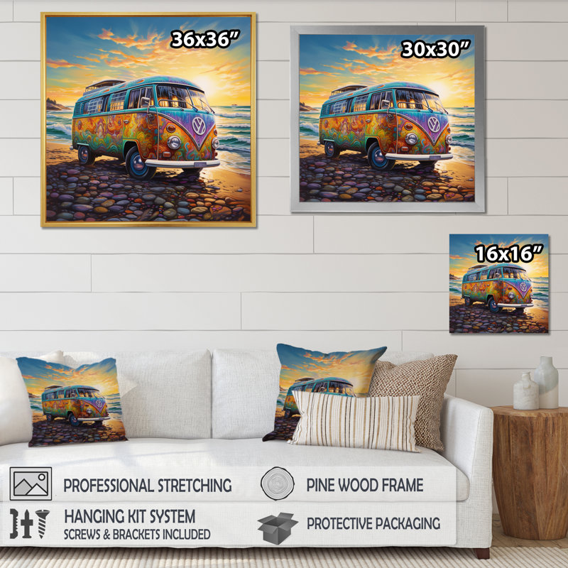 «Magic Hippie Bus On The Beach - Car Van», art mural, H 24 po x l 24 po x P 1 po, Encadrement argenté
