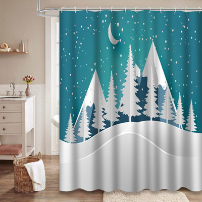 Snow Forest Blue Sky Winter Mountain Shower Curtain with 12 Hooks