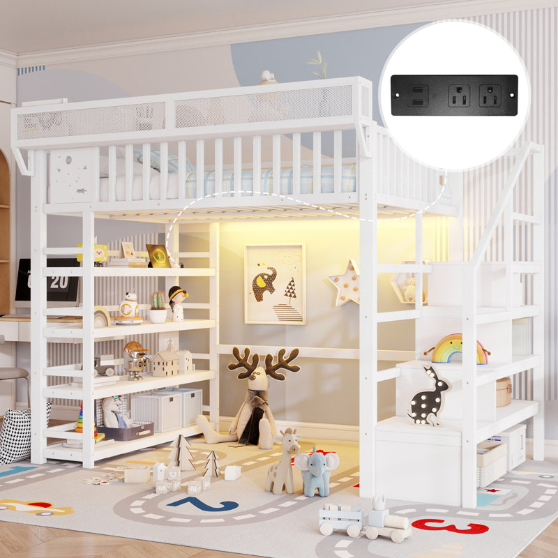 Lit mezzanine moderne en métal pour enfants LuminaLoft avec borne de recharge, Blanc