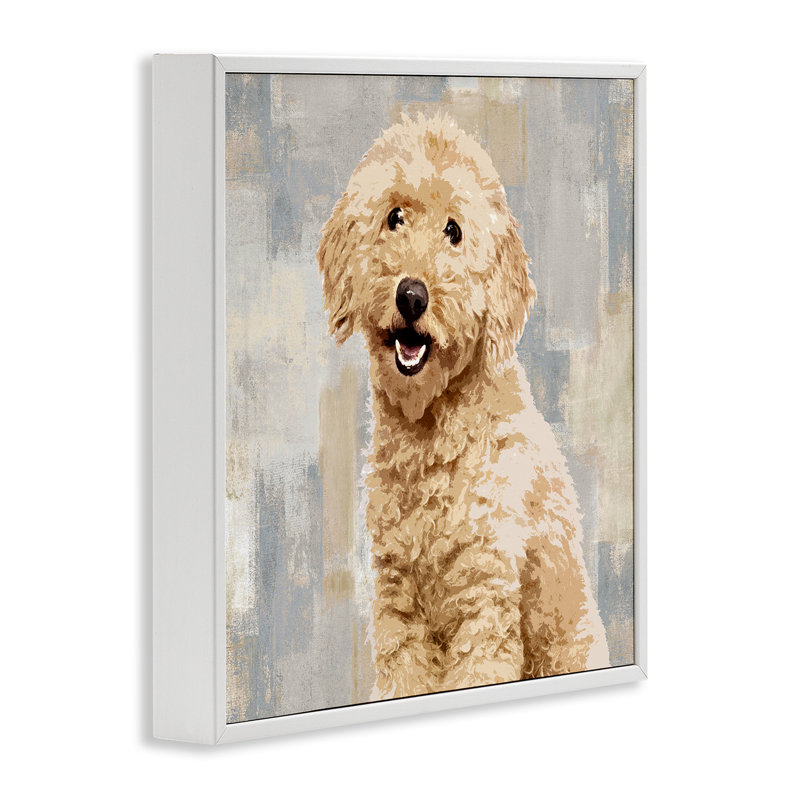 Chien souriant Labradoodle avec motif de gris et beige, L 24 po x H 24 po, Giclée encadrée blanc bord de mer