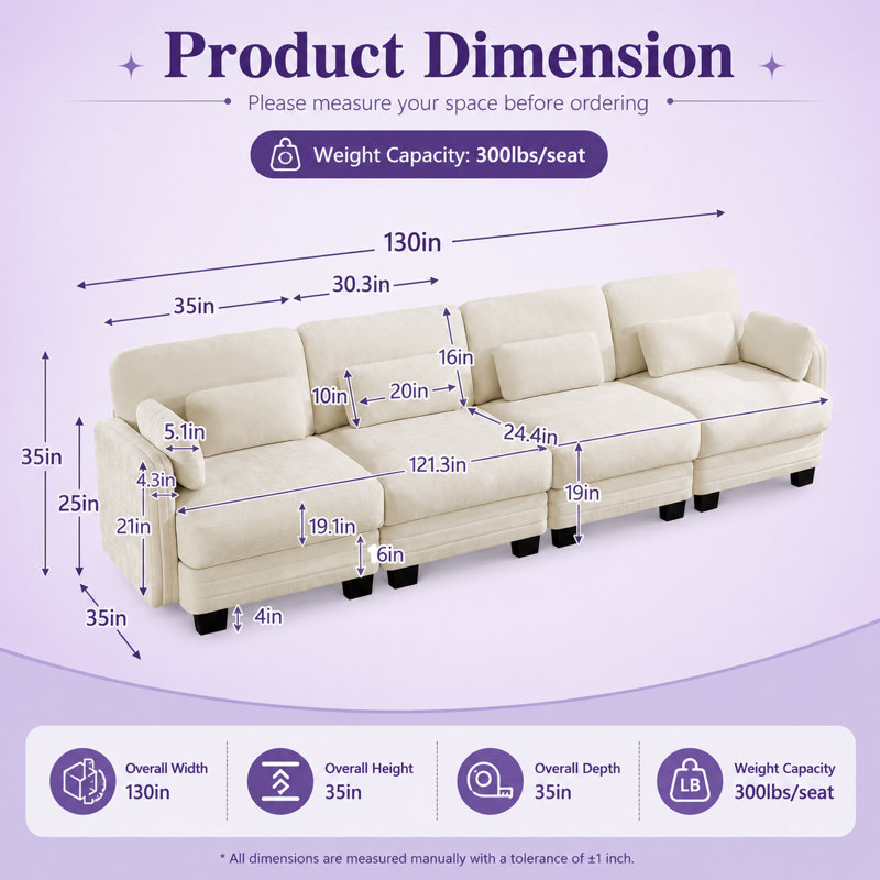 Canapé 4 places Gatton Channel capitonné, canapé d'angle modulaire minimaliste en chenille avec design ergonomique incurvé, coussins d'assise en mousse haute résilience, base d'assise matelassée