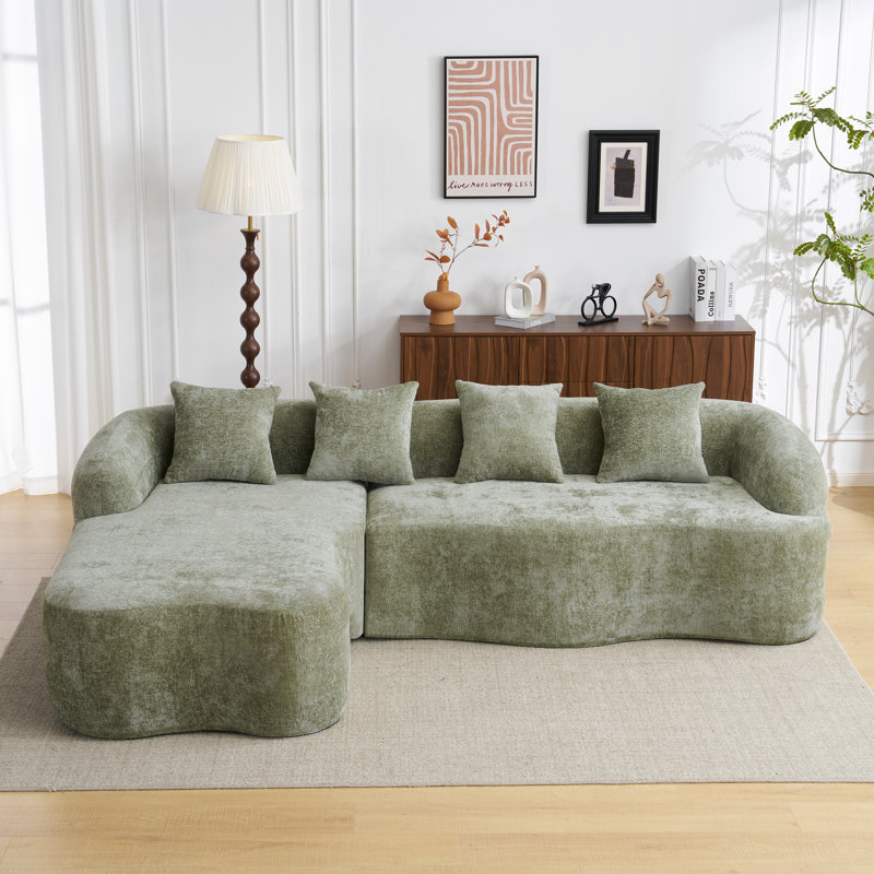 Canapé modulaire en L à compression complète avec méridienne incurvée, canapé en chenille vert modulaire, haute densité pour le salon en appartement