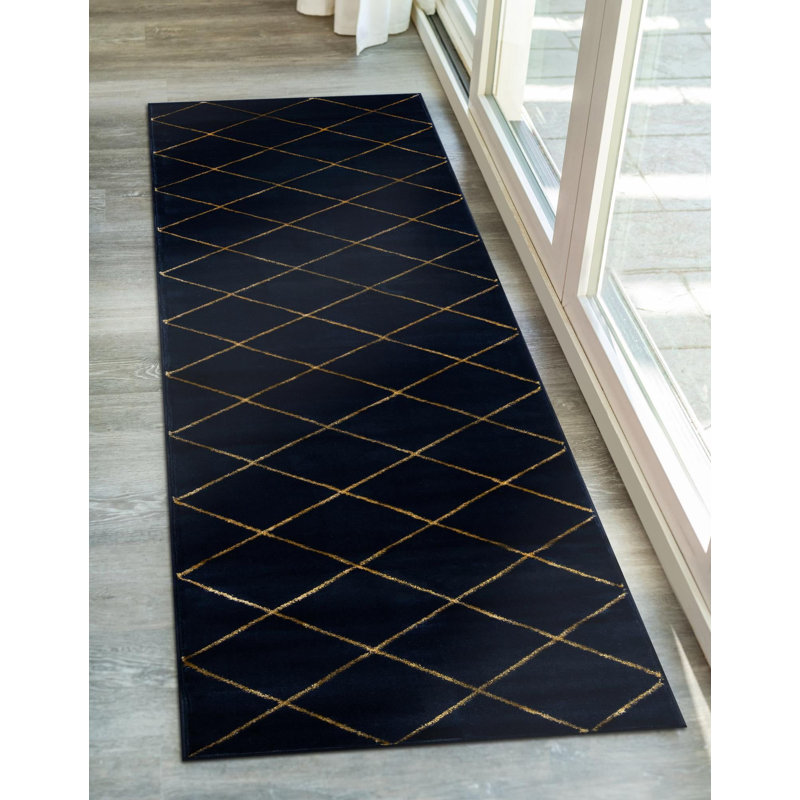 Contemporary Etowah Area Rug Navy Blue and Gold Color, Runner 2' x 5'1"