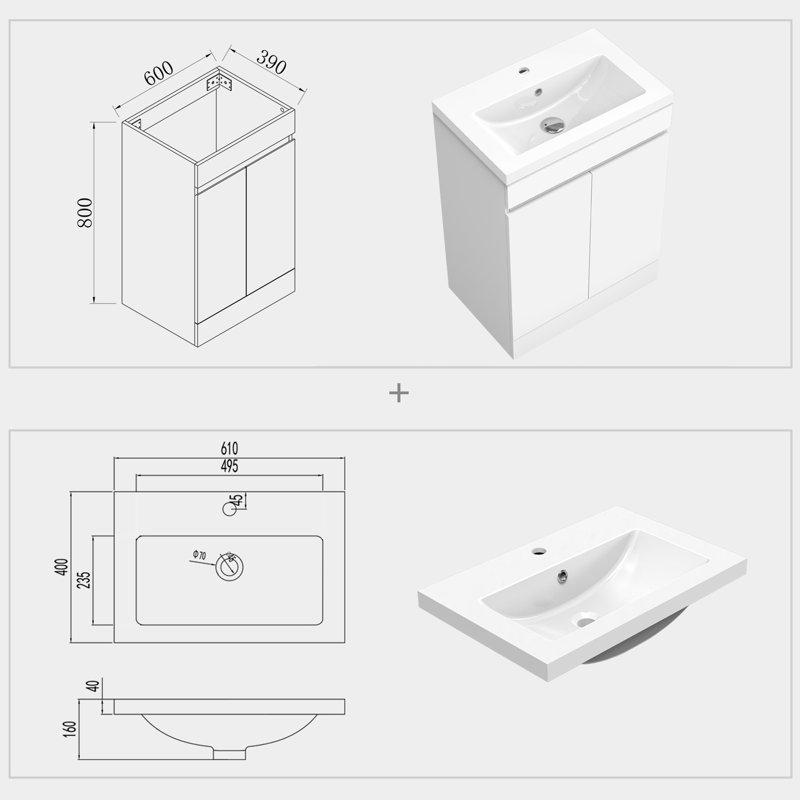 Rashauna 600mm Single Bathroom Vanity with Drop In Resin Basin, White