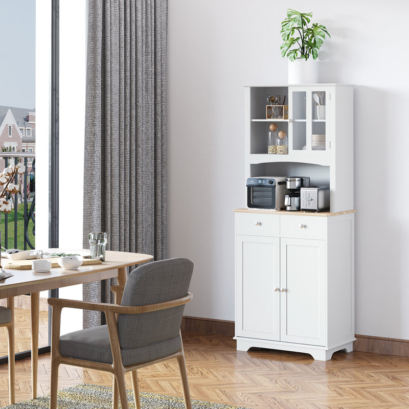 Freestanding 67" Kitchen Buffet with Hutch, Pantry Cabinet with Microwave Stand, Adjustable Shelf, 2 Drawers, Cupboard, White