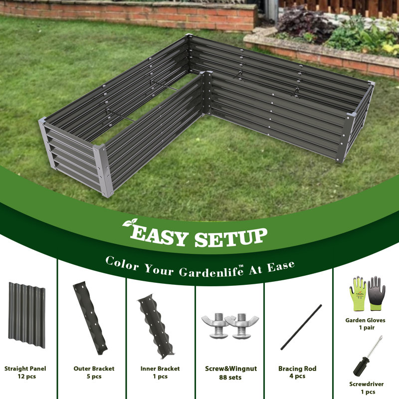 L-Shaped Galvanized Raised Garden Beds Outdoor,74X74X18In Large Metal Planter Box, Gray