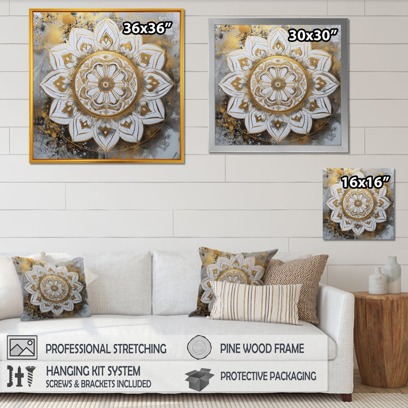 Mandala blanc et doré sur toile, H 16 po x l 16 po x P 1 po, Toile tendue