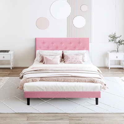 Grand lit en lin rose - aucun sommier nécessaire, installation facile, 21,65 po Largeur de l'emballage, support à lattes de bois, structure de plateforme rembourrée de conception moderne avec tête de lit à assembler, colonne vertébrale, 600