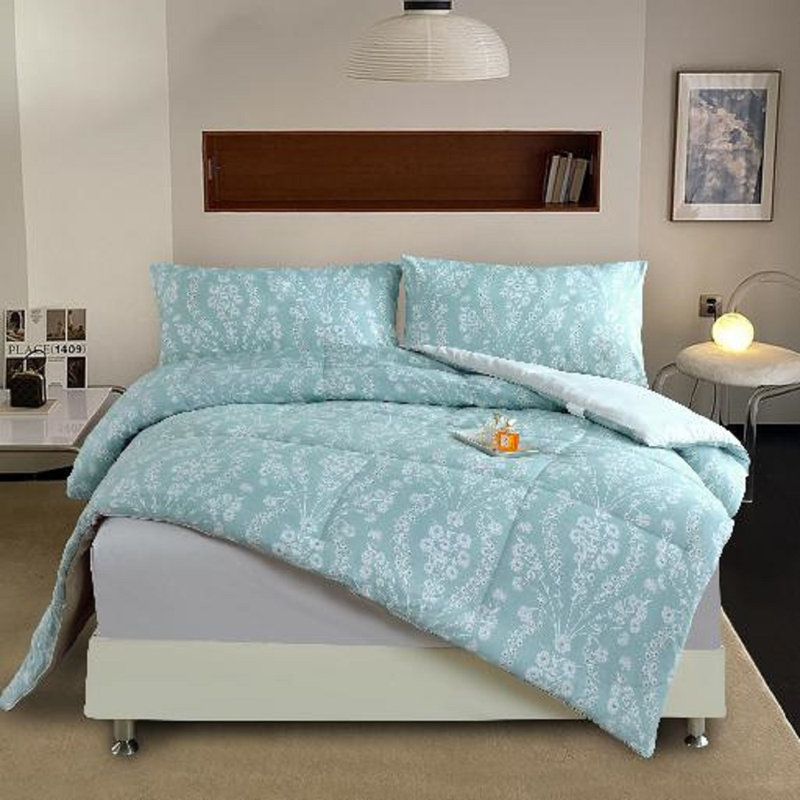 Shubozeman Cotton Blend Floral Comforter, King Comforter + 2 King Shams, Blue/White