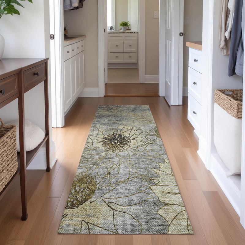 Premium Machine Washable Mayfield AMF2235 Floral Rug, 2'3" x 7'6" Runner, Granite
