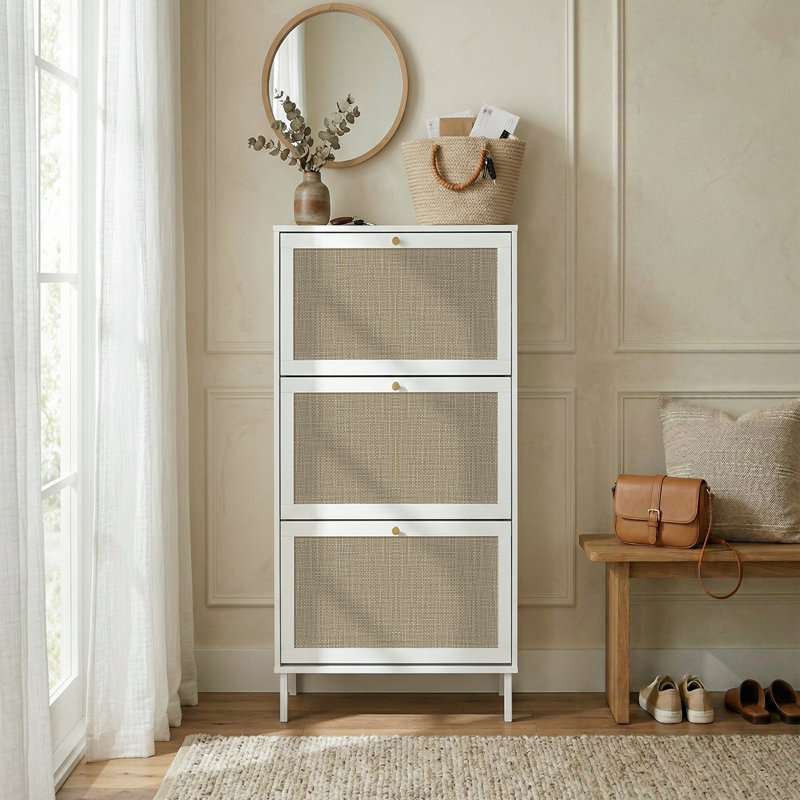 Modern Rattan 3-Door Shoe Storage Cabinet with Adjustable Flip Drawers, Freestanding Entryway Shoe Organizer with Metal Legs