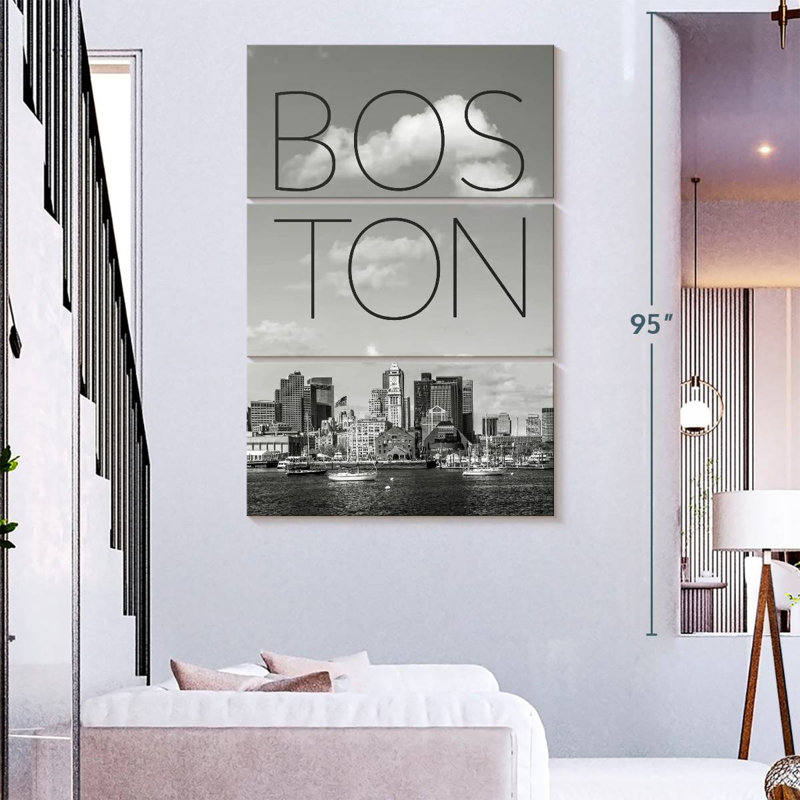 Skyline de Masam Boston, North End et quartier des affaires, texte et horizon, H 74 po x l 48 po