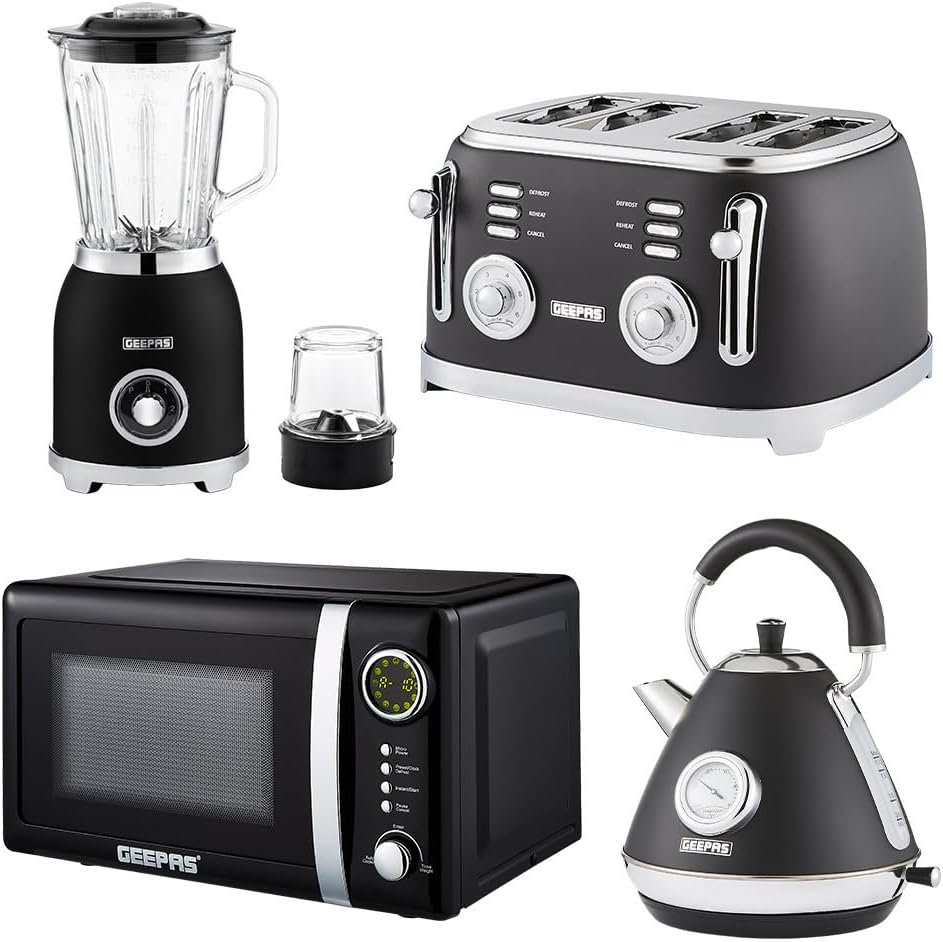 GEEPAS Retrovive 1.7L Electric Kettle, 4 Slice Bread Toaster, 2-in-1 Jug Blender & 20 Litre 700W Digital Freestanding Microwave Oven Combo Set | 3000W