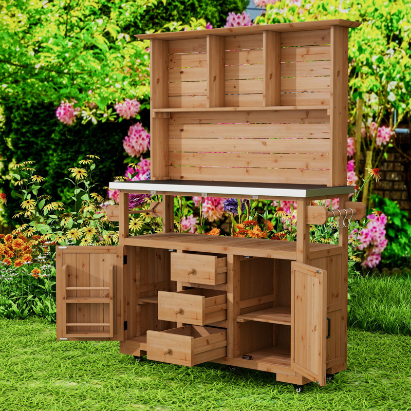 Banc de rempotage polyvalent avec plateau en acier inoxydable, tablettes réglables et roues verrouillables, Naturel
