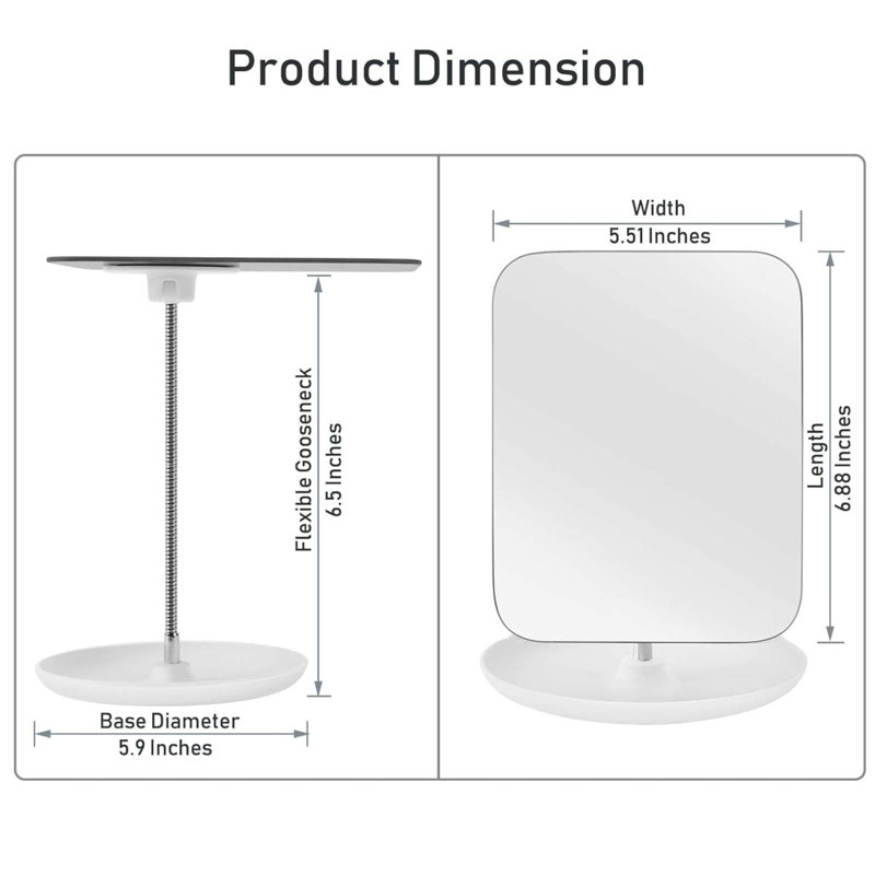 Miroir de coiffeuse de table avec support Miroir de maquillage pour bureau, col-de-cygne flexible, rotatif à 360 °