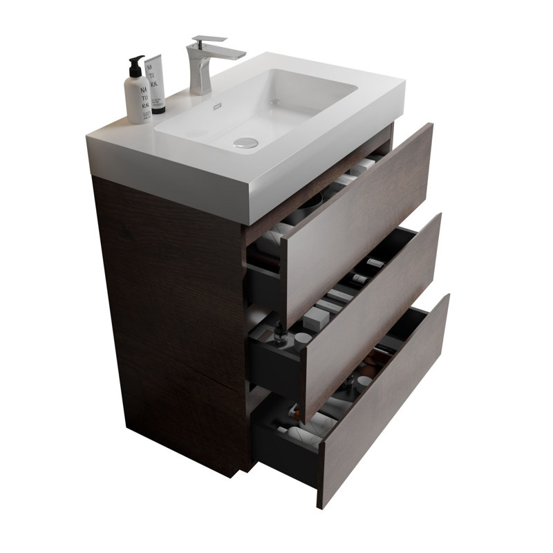 Meuble-lavabo moderne autoportant, Noyer, Blanc