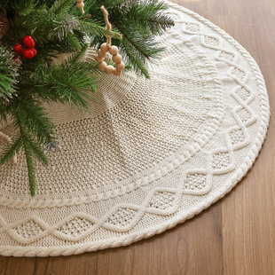 Bunny Chorus Knitted Christmas Tree Skirt: 36 Inches Cream White Tree Skirt, Diamond Edge Cable Knit Thick Rustic Christmas Tree Decorations, Christmas Decor Xmas Holiday Home Party Decorations